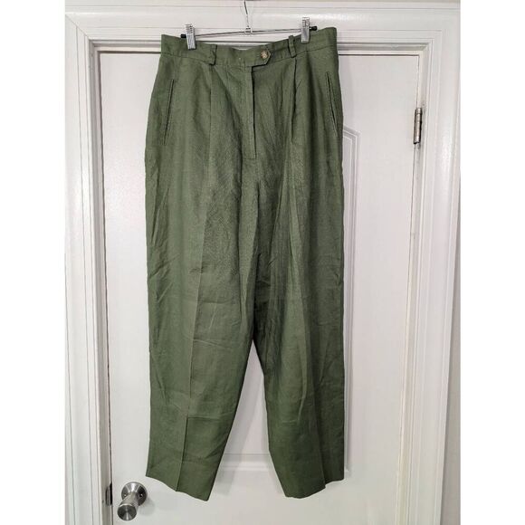 Talbots Linen Pleated Tapered Pants women's 16 olive green balloon barrel 90s - Picture 1 of 8